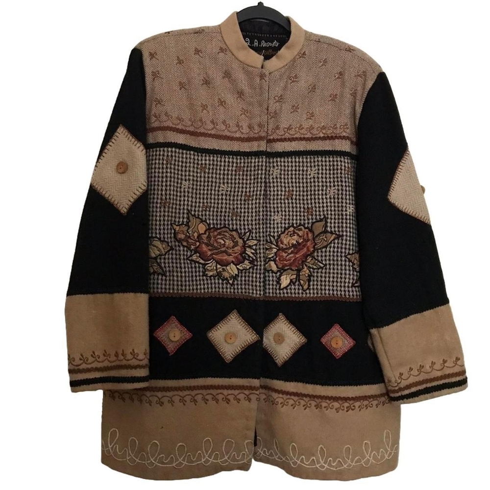 LA Resorts Vintage Patchwork Jacket Size S Nehru Neck Black and Beige Wool Blend